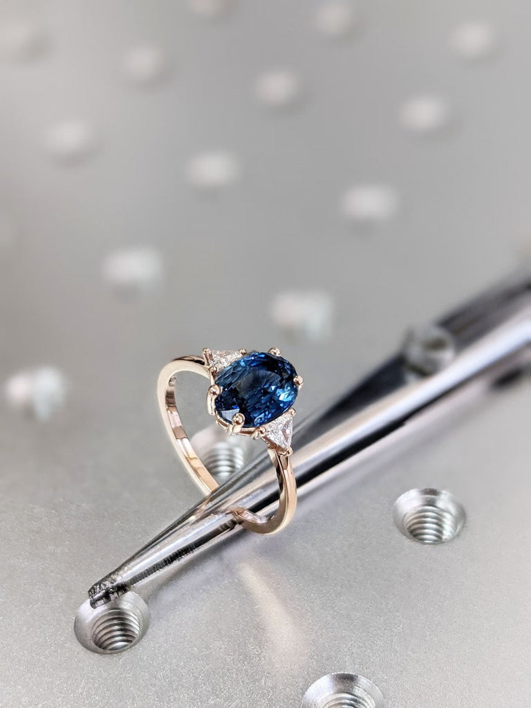 Oval cut September Birthstone Blue Lab Sapphire Wedding Anniversary Ring for Her | Solid Rose Gold Triangle Moissanite Three Stone Unique Proposal Ring | Personalized Bridal Jewelry