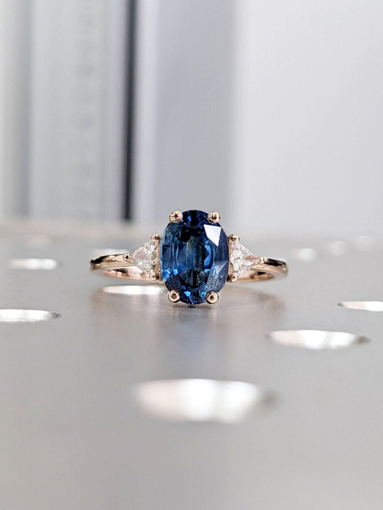 1.5ct Oval Blue Lab Sapphire Women Engagement Cocktail Ring | 14K Rose Gold Triangle Diamond 3 Stone Thin Wedding Band | Alternative Bridal