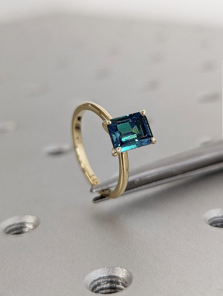 Natural Teal Sapphire Engagement Ring, 4 Prong Setting Ring, Emerald Cut Solitaire Montana Sapphire, Blue Green Peacock Sapphire Ring Bridal