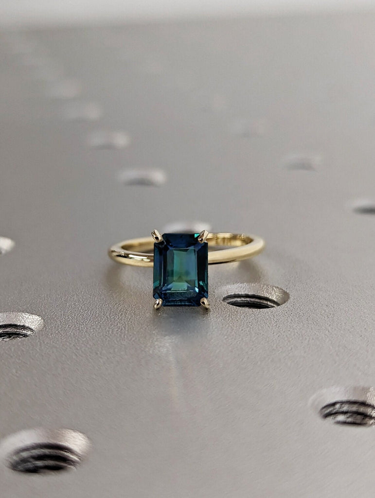 1CT Emerald Cut Teal Sapphire Engagement Ring, Vintage Solitaire Blue-Green Montana Sapphire Wedding Anniversary Gift, Peacock Sapphire Ring