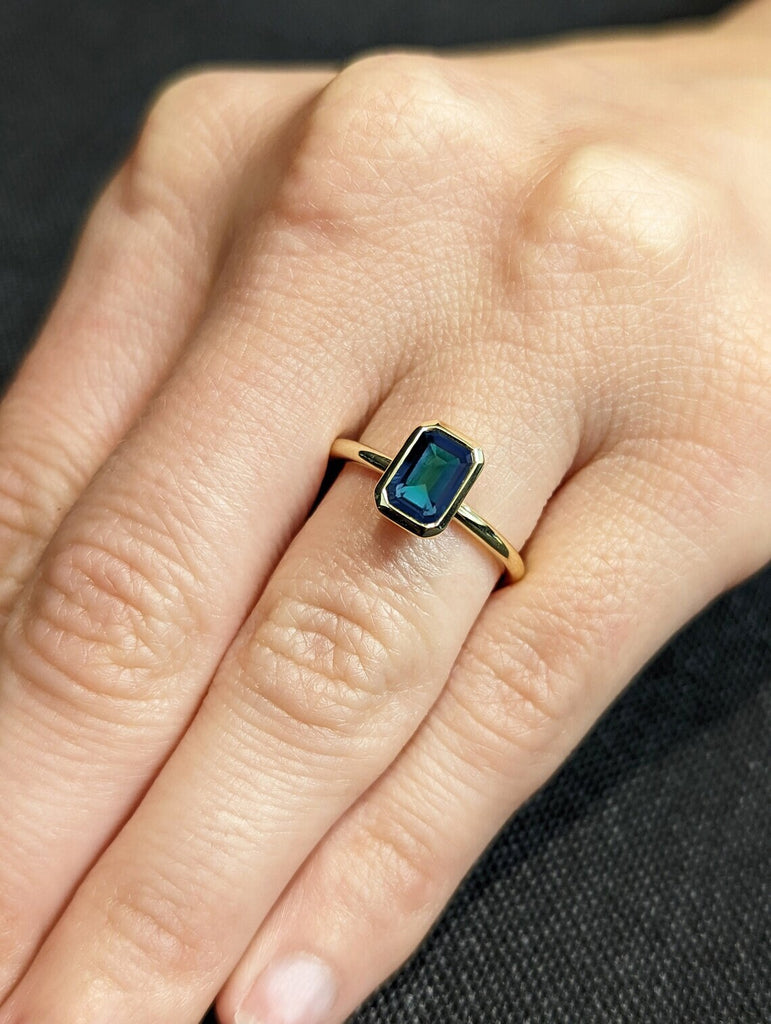 Emerald cut Natural Blue Green Sapphire Solitaire Wedding Anniversary Promise Ring | 14K 18K Yellow Gold Proposal Ring | September Birthstone Ring