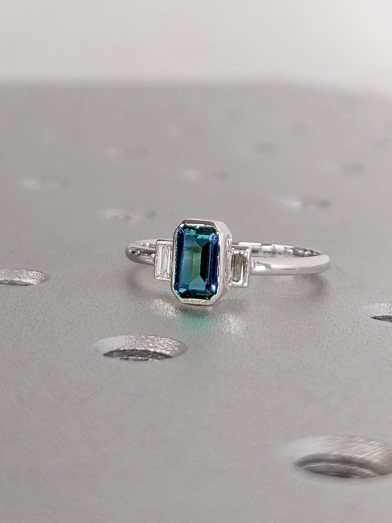 1CT Emerald Cut Teal Sapphire Engagement Ring, Montana Sapphire Vintage Diamond Baguette Blue-Green Peacock Sapphire Wedding Gift for Her