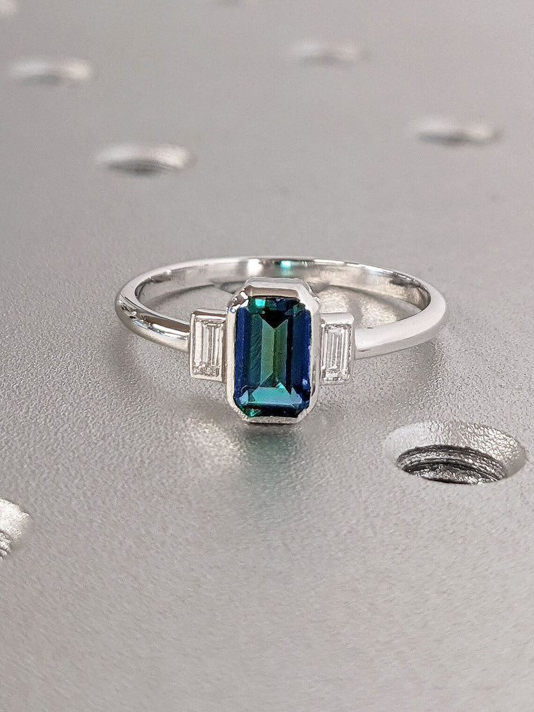 Emerald Cut Montana Sapphire Engagement Ring, Peacock Teal Sapphire Bezel Ring, Baguette Cut Accent Diamond/Moissanite, Vintage Trellis Ring