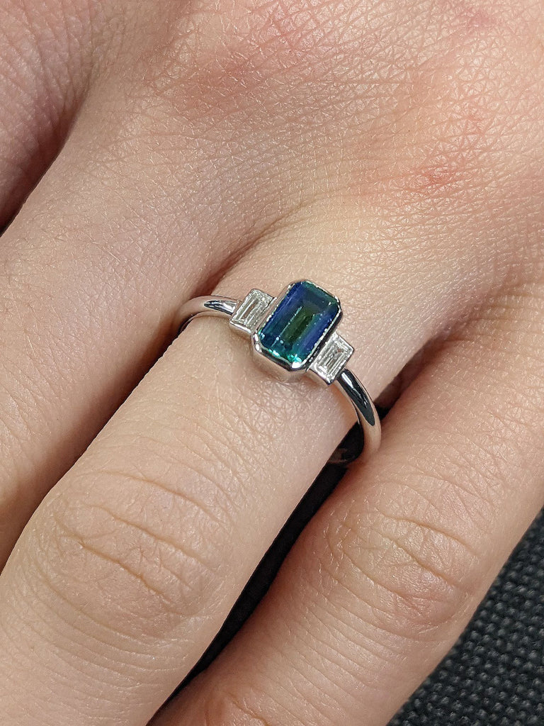 Emerald Cut Montana Sapphire Engagement Ring, Peacock Teal Sapphire Bezel Ring, Baguette Cut Accent Diamond/Moissanite, Vintage Trellis Ring