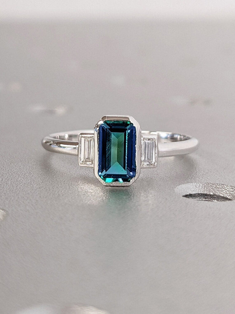 1CT Emerald Cut Teal Sapphire Engagement Ring, Montana Sapphire Vintage Diamond Baguette Blue-Green Peacock Sapphire Wedding Gift for Her