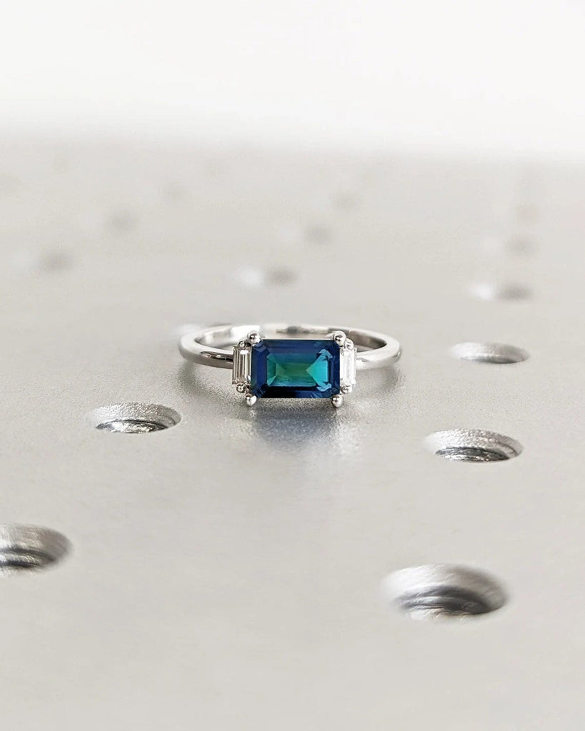 1ct East West Natural Blue Green Sapphire Wedding Anniversary Ring for Wife | 14K 18K Gold Multi Stone Moissanite Promise Ring | Alternative Bridal Jewelry