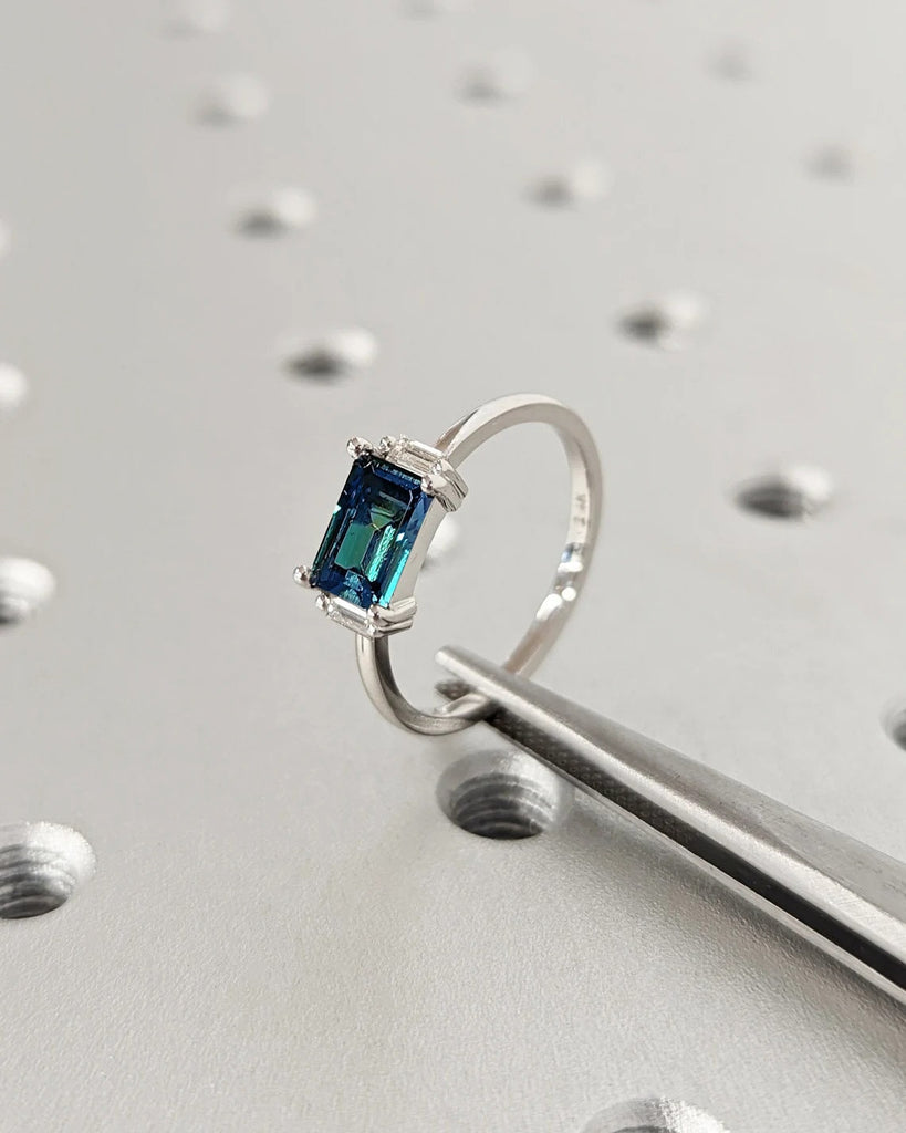 Emerald cut Natural Teal Sapphire 3 Stone Trilogy Engagement Cocktail Ring for Her | Baguette Diamond 14K White Gold, Platinum Proposal Ring