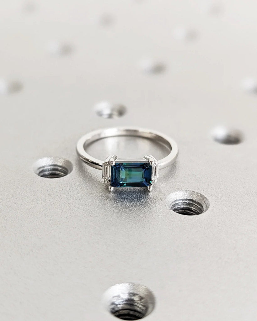 Emerald cut Natural Teal Sapphire 3 Stone Trilogy Engagement Cocktail Ring for Her | Baguette Diamond 14K White Gold, Platinum Proposal Ring