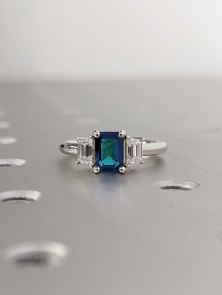 Blue Green Montana Sapphire Engagement Ring / Emerald Cut Teal Sapphire Ring / Trapezoid Cut Accent Moissanites / Vintage Style Trellis Ring