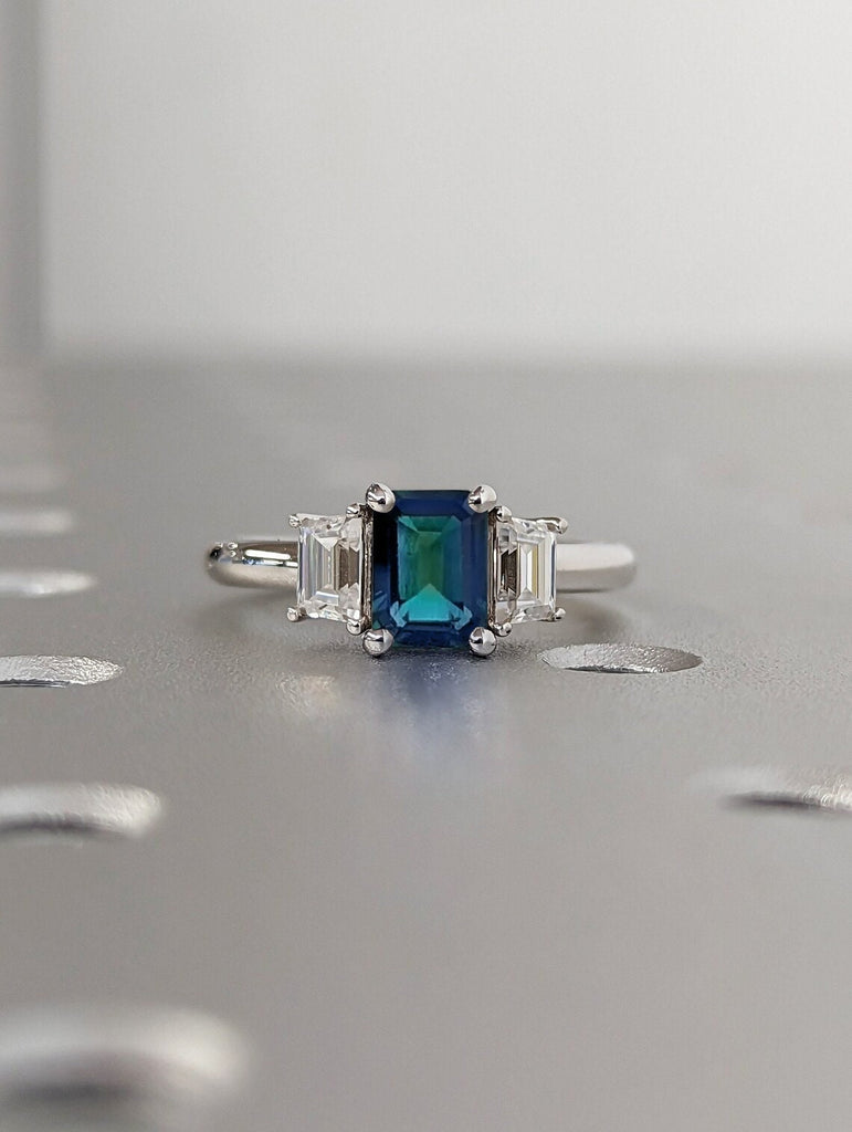 Three Stone Emerald Cut Teal Sapphire Engagement Ring, Side Trapezoid Moissanite, Three Stone Engagement Ring, 1CT Montana Sapphire, Trellis