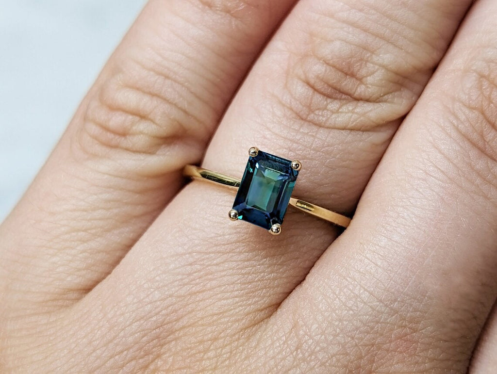 1CT Emerald Cut Teal Sapphire Engagement Ring, Montana Sapphire Vintage Diamond Hidden Halo Blue-Green Sapphire Anniversary Gift for Her