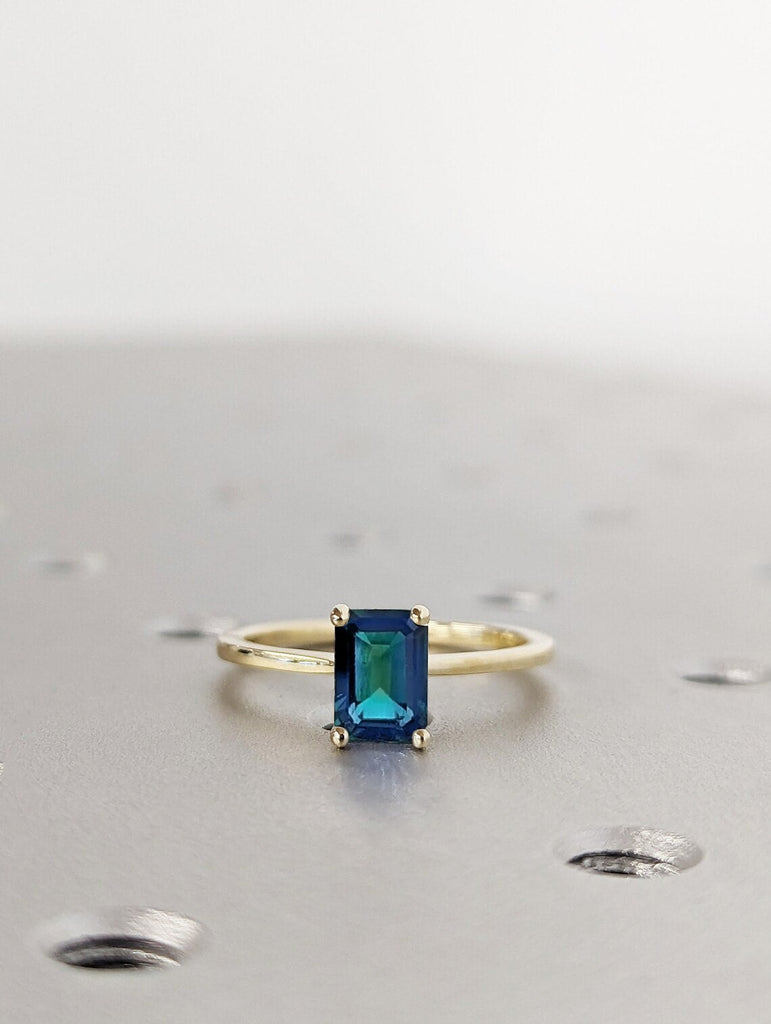 Emerald cut Peacock Sapphire Solitaire Women Wedding Anniversary Cocktail Ring | 14K 18K Gold Platinum Alternative Moissanite Bridal Jewelry