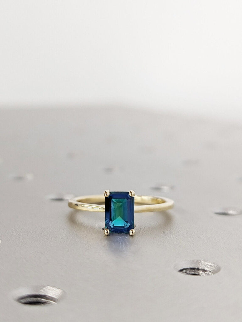 1CT Emerald Cut Teal Sapphire Engagement Ring, Montana Sapphire Vintage Diamond Hidden Halo Blue-Green Sapphire Anniversary Gift for Her