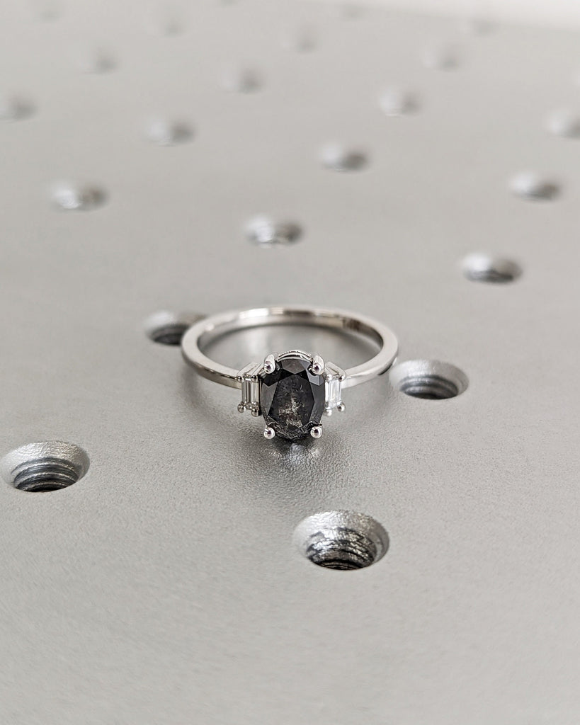 Salt and Pepper Diamond Oval Engagement Ring, Oval Diamond and Trellis Set Wedding Ring, White Gold, Galaxy Diamond Ring, Geometric Diamond