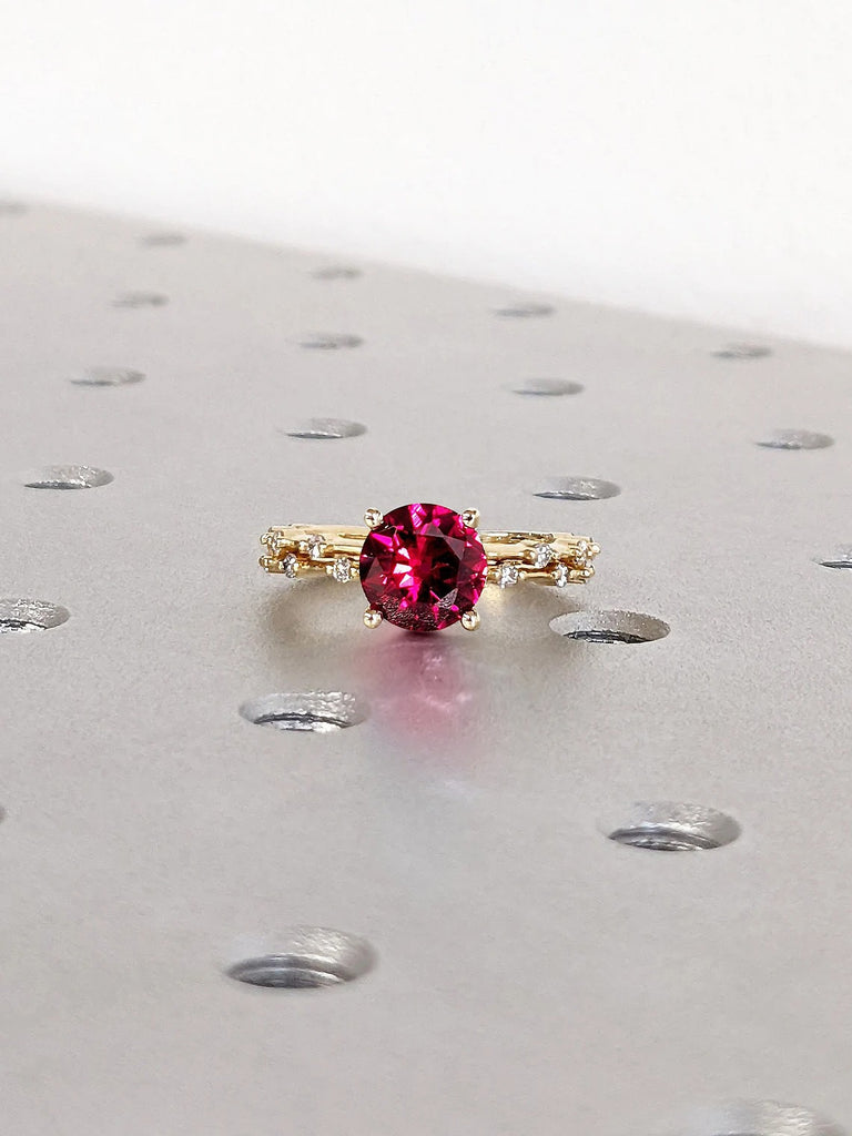 2ct Round Red Lab Cultured Ruby Solitaire Women Wedding Anniversary Ring | 14K 18K Gold, Platinum Dainty Knive Edge Moissanite Eternity Ring | Alternative Bridal Jewelry Set