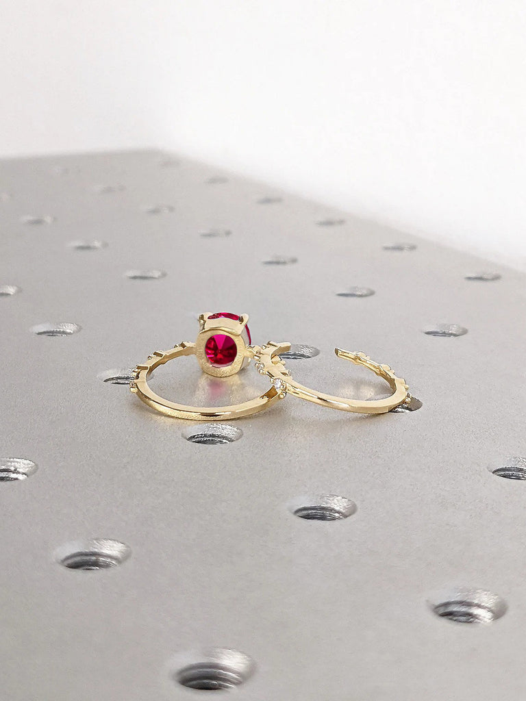 Knife Edge Solid Gold Band Lab Ruby Engagement Wedding Ring Set | Floating Bubble Round Diamond Dainty Platinum Bridal Jewelry for Her