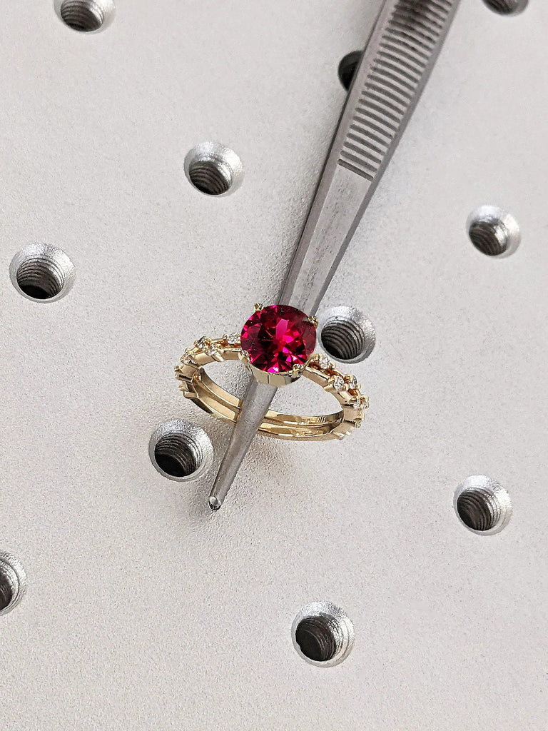 Knife Edge Solid Gold Band Lab Ruby Engagement Wedding Ring Set | Floating Bubble Round Diamond Dainty Platinum Bridal Jewelry for Her