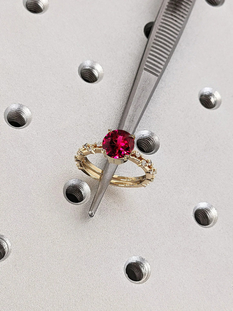 July Birthstone Lab Ruby Women Wedding Anniversary Ring Set | Custom 14K 18K Yellow Gold Knife Edge Moissanite Dainty Stacking Promise Ring