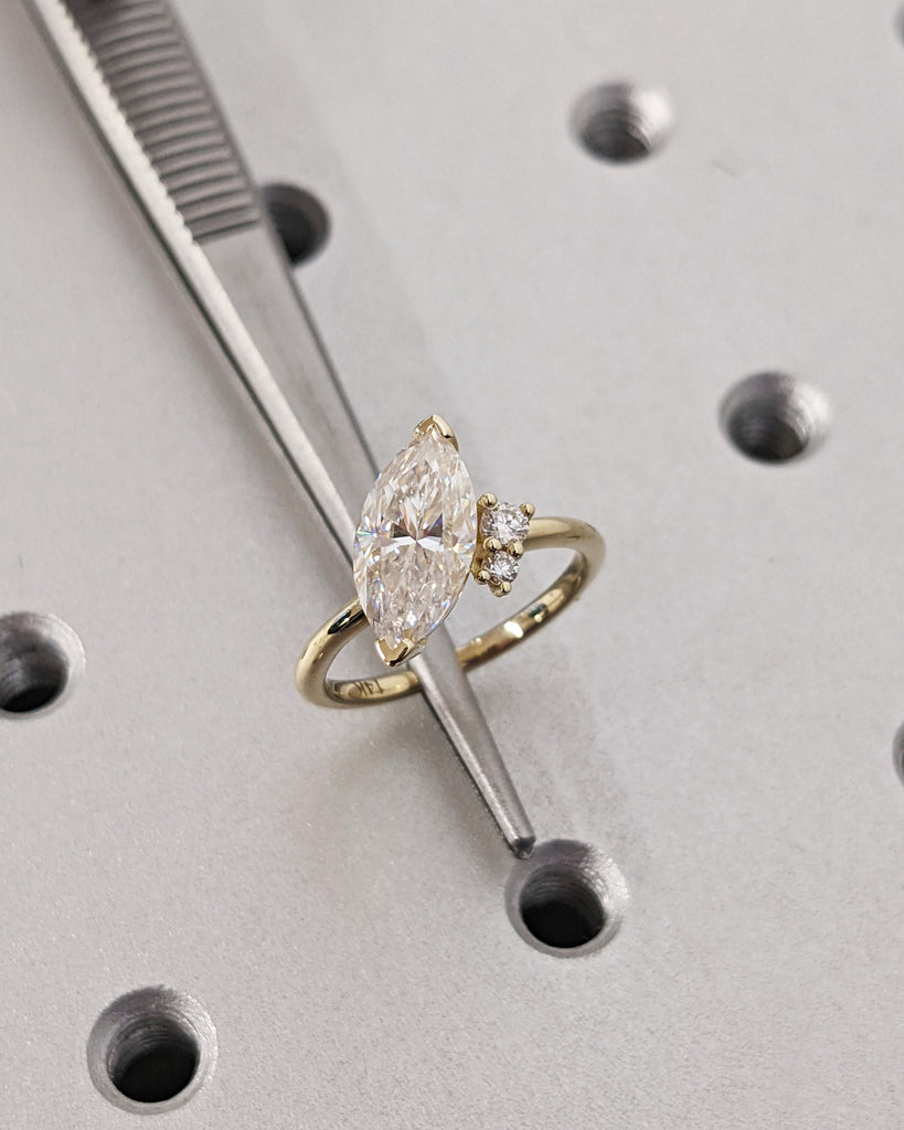 Three Stone Lab Diamond Trinity Anniversary Promise Ring for Her | 14K 18K Yellow Gold Marquise Round cut Moissanite Cluster Statement Ring