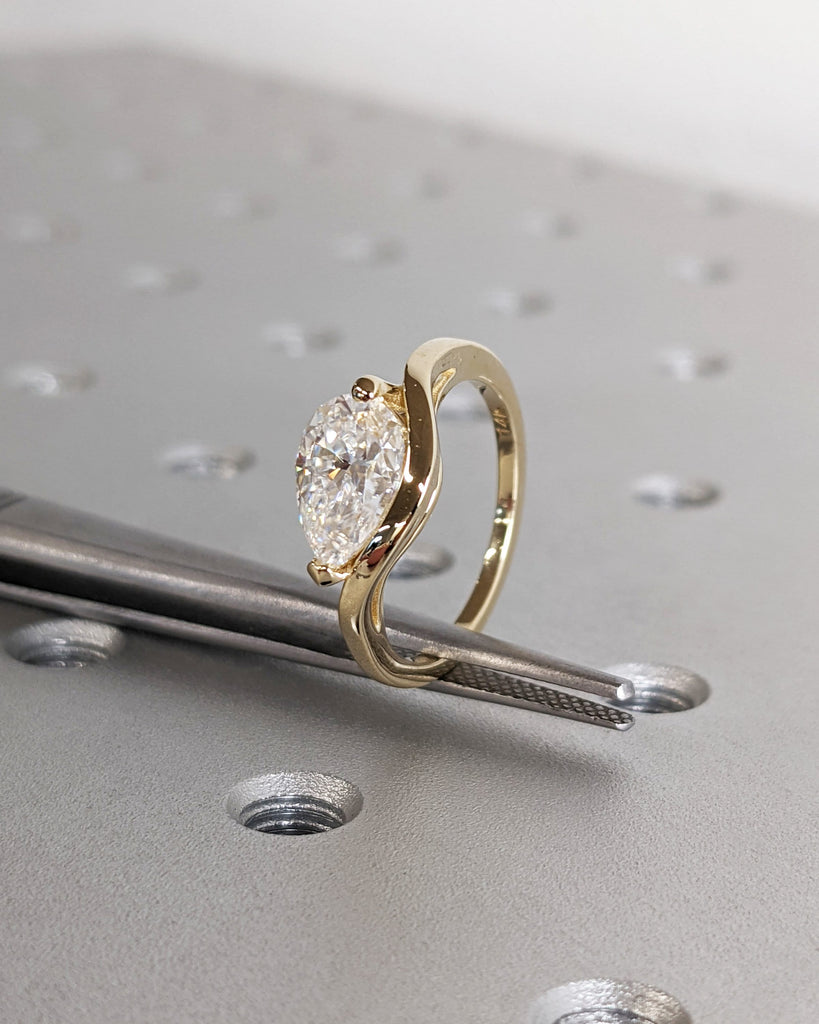 14K Yellow Gold Moissanite Hidden Double Band Engagement Ring For Her | Solid Gold, Platinum, Unique Curve Pear cut Solitaire Proposal Ring