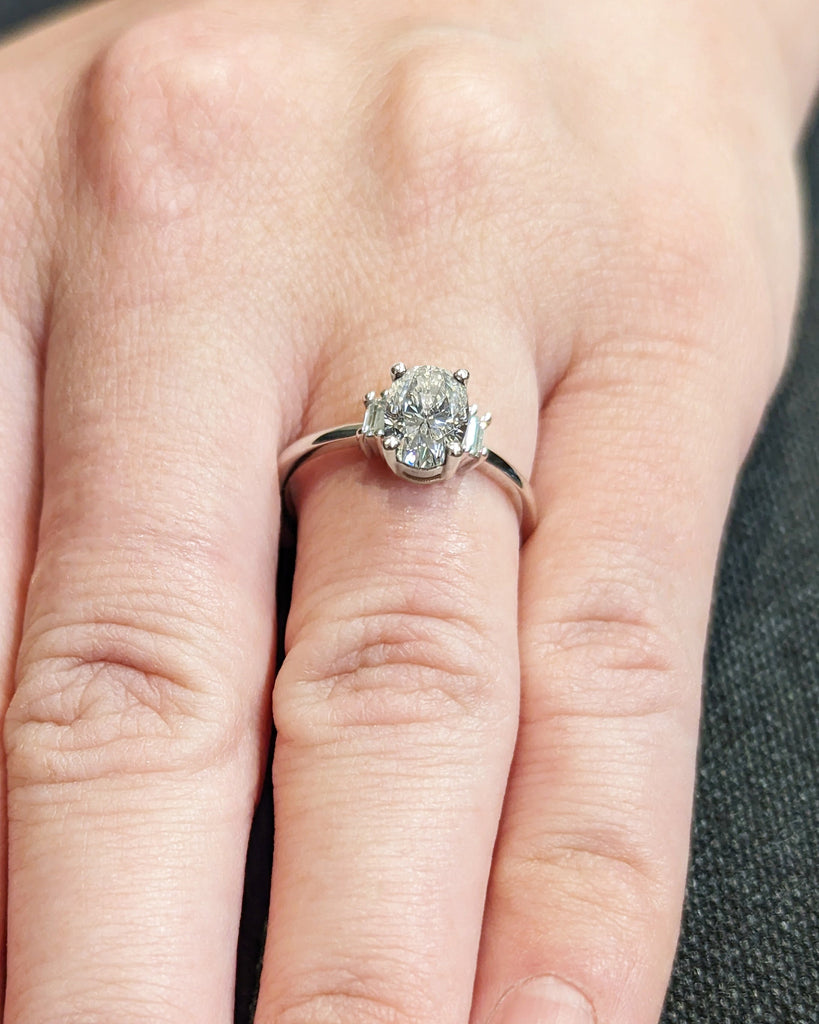 Lab Diamond Oval Engagement Ring, Oval Diamond and Trellis Set Wedding Ring, White Gold, Diamond Ring, Geometric Diamond, Three Stone Ring