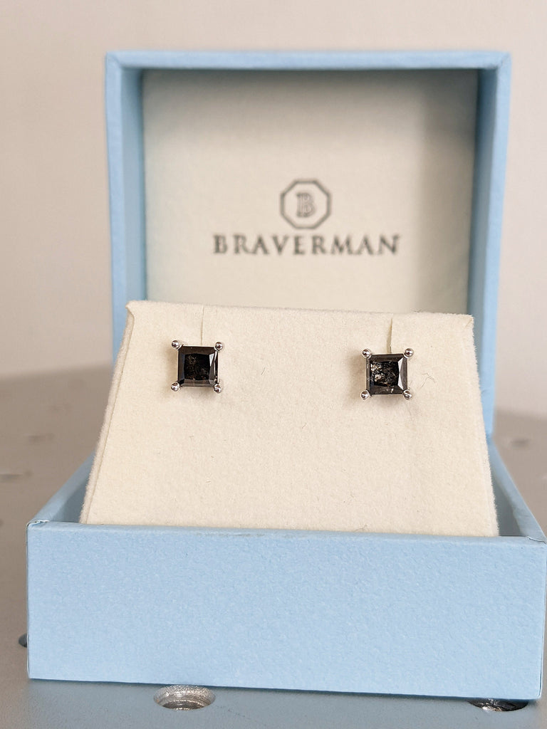 Square Princess cut Salt and Pepper Diamond Women Wedding Earrings | 14K White Gold Screw Back Natural Grey Diamond Everyday Stud Earrings