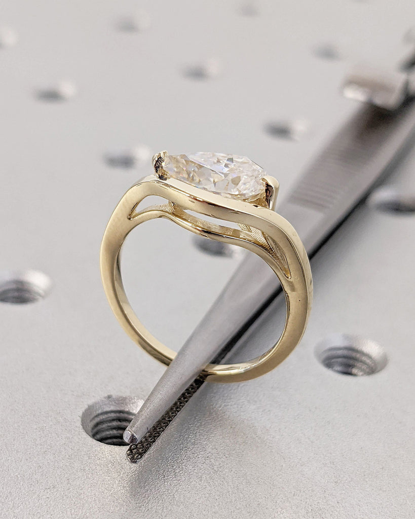 East West Lab Created Diamond Solitaire Wedding Anniversary Ring | 14K 18K Yellow Gold Unique Curve Hidden Double Band Proposal Ring for Her