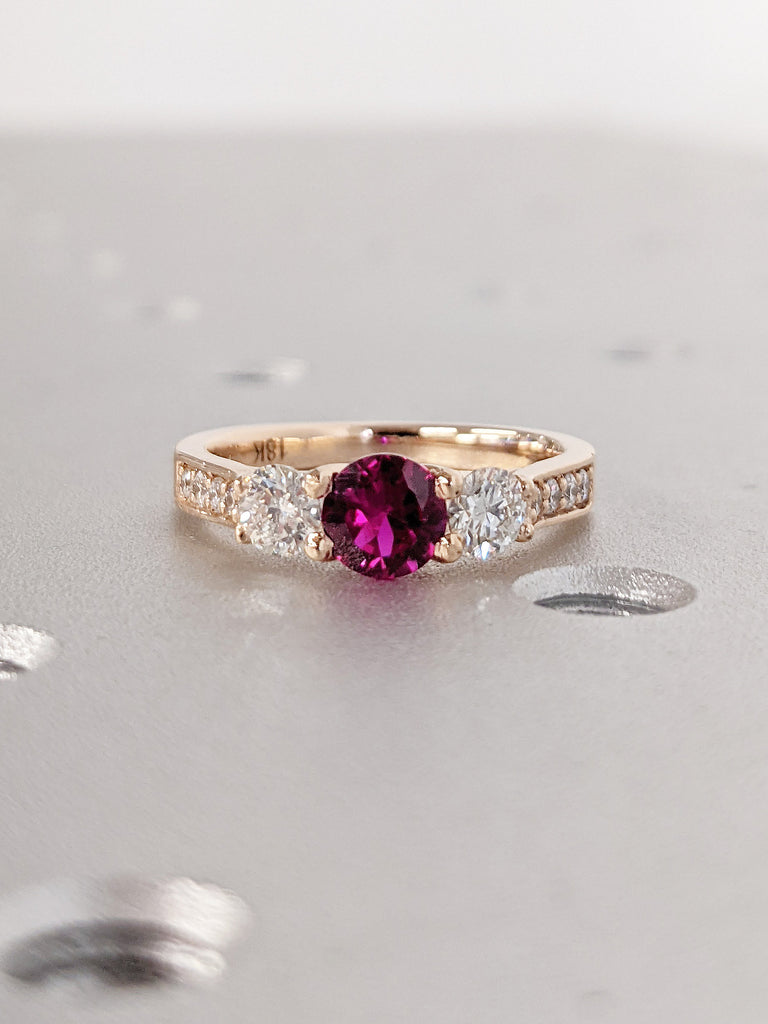 Round cut Red Lab Grown Ruby July Birthstone Wedding Anniversary Ring | 14K 18K Solid Gold Trinity Multi Stone Diamond Promise Ring for Her