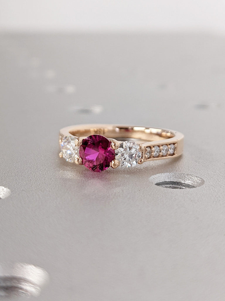 Three Stone Round Lab Grown Ruby Women Engagement Cocktail Ring | 14K 18K Rose Gold Trinity Trellis Diamond Cluster Unique Proposal Ring