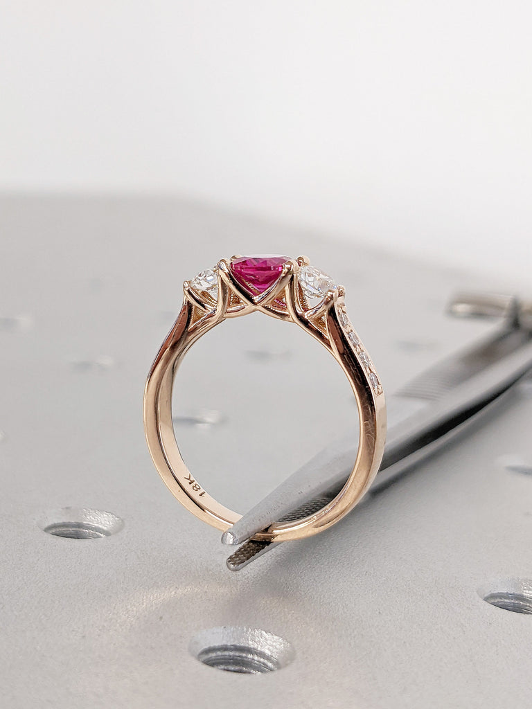 Trellis Lab Ruby, Diamond 3 Stone Trinity Engagement Proposal Ring for Her | 18K Rose Gold Diamond Cluster Wedding Band