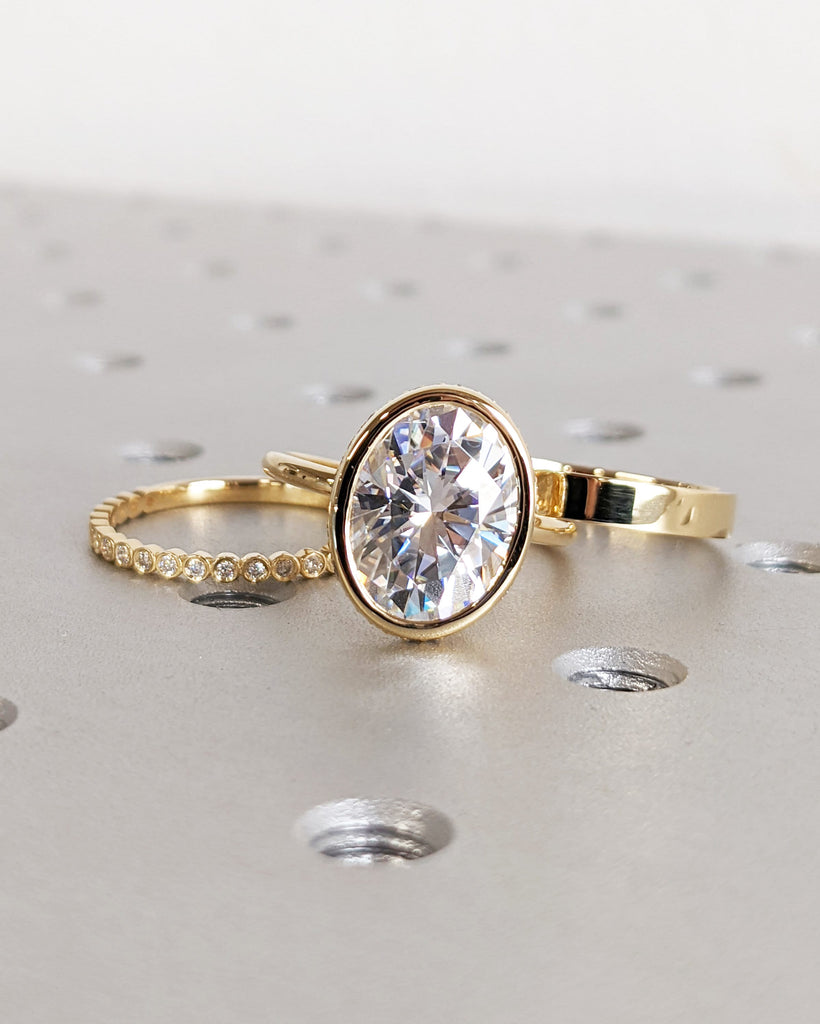 Large Crushed Ice Oval Moissanite Solitaire 3 Ring Wedding Set | Diamond Hidden Halo Promise Ring | Bezel Set Half Eternity Ring for Women