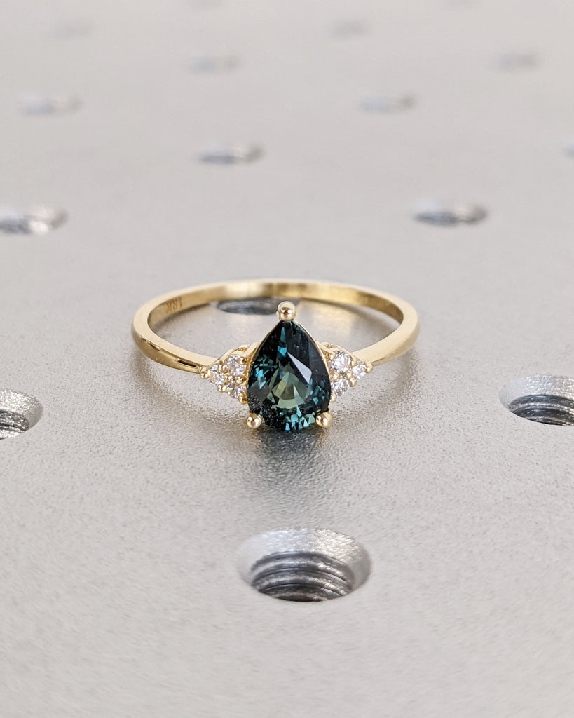 Vintage Style Montana Sapphire Ring, Pear Cut Blue Green Teal Sapphire Engagement Ring, Solid Gold Wedding Ring, Diamond/Moissanite Cluster