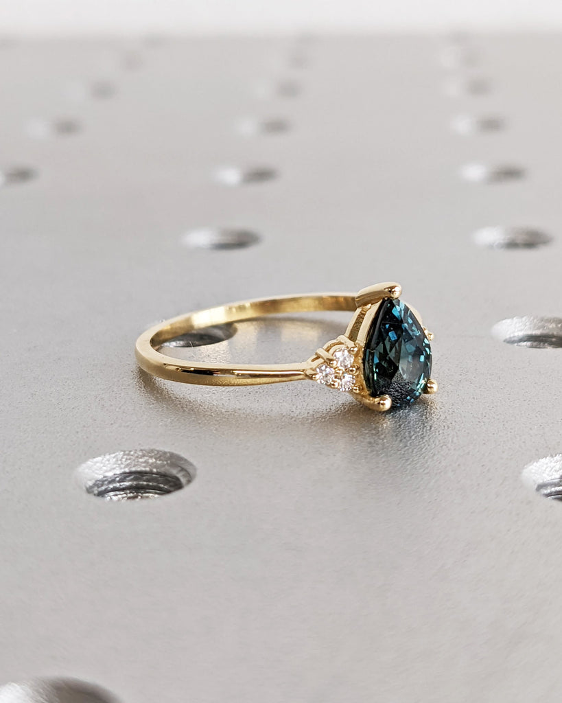 Vintage Style Montana Sapphire Ring, Pear Cut Blue Green Teal Sapphire Engagement Ring, Solid Gold Wedding Ring, Diamond/Moissanite Cluster
