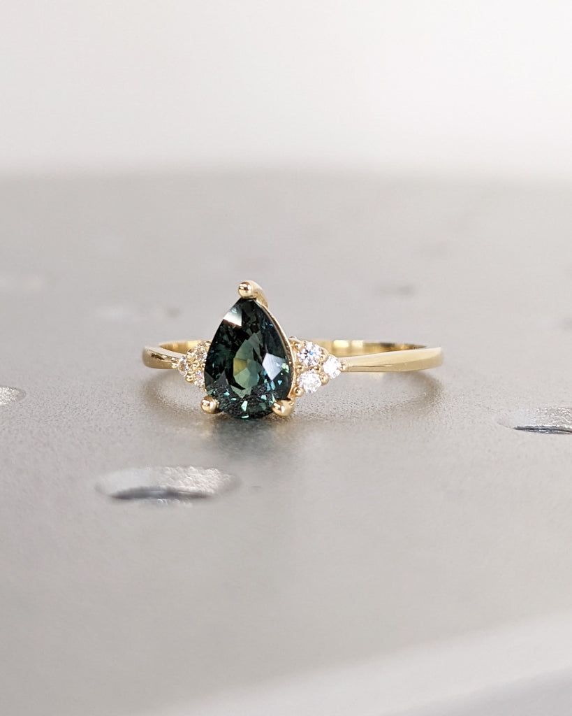 Vintage Style Montana Sapphire Ring, Pear Cut Blue Green Teal Sapphire Engagement Ring, Solid Gold Wedding Ring, Diamond/Moissanite Cluster