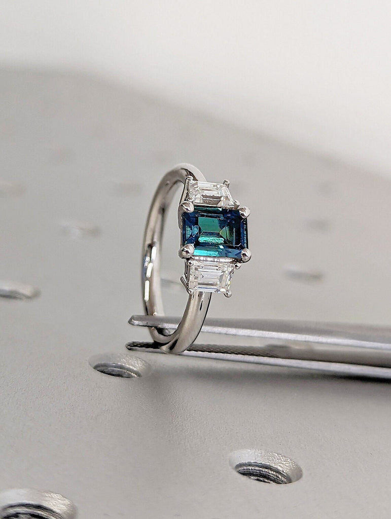 Multi Stone Emerald cut Blue Green Natural Sapphire Women Engagement Cocktail Ring | Solid White Gold, Platinum Wedding Jewelry for Her