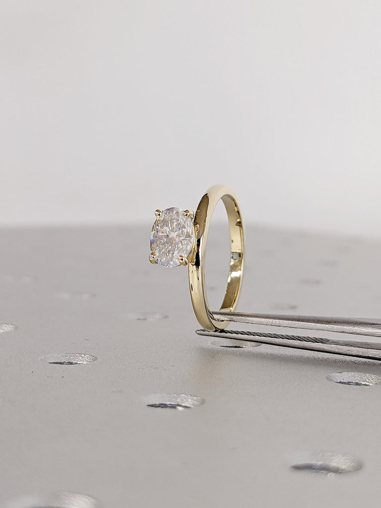 1ct Moissanite Oval Solitaire Women Wedding Anniversary Ring | 14K 18K Yellow Gold Simple Proposal Ring | Horizontal Diamond Unique Bridal Jewelry