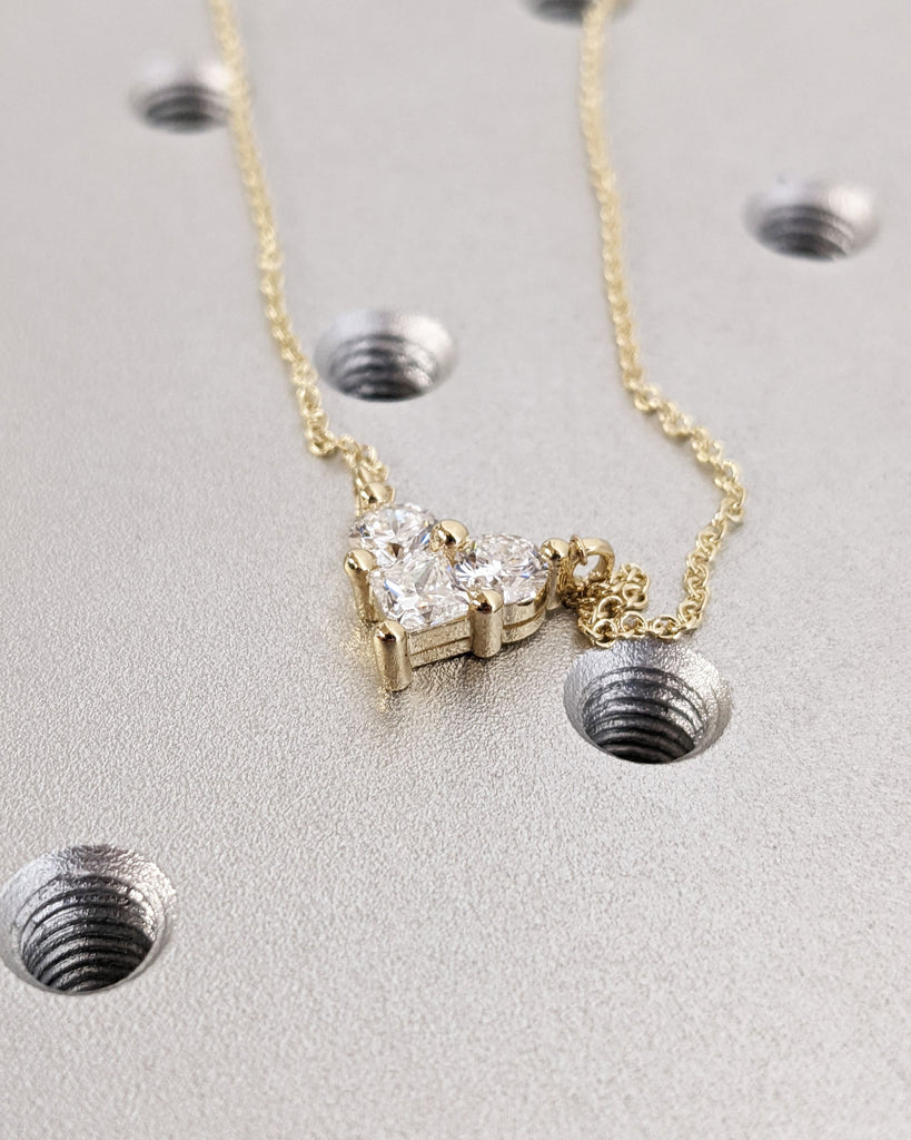 Mini Love Heart Necklace | Lab Diamond Necklace Pendant | Dainty Gold Necklace | Small Multi Stone Princess Cut Round Cluster | Gift For Her