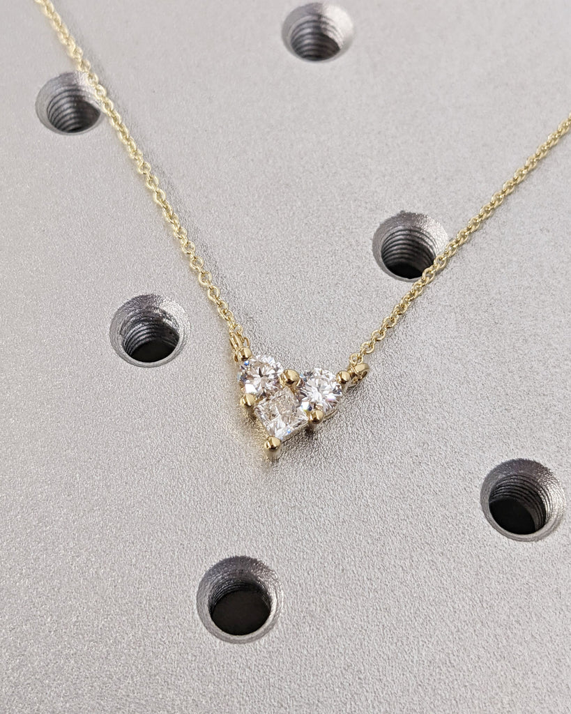 Mini Love Heart Necklace | Lab Diamond Necklace Pendant | Dainty Gold Necklace | Small Multi Stone Princess Cut Round Cluster | Gift For Her