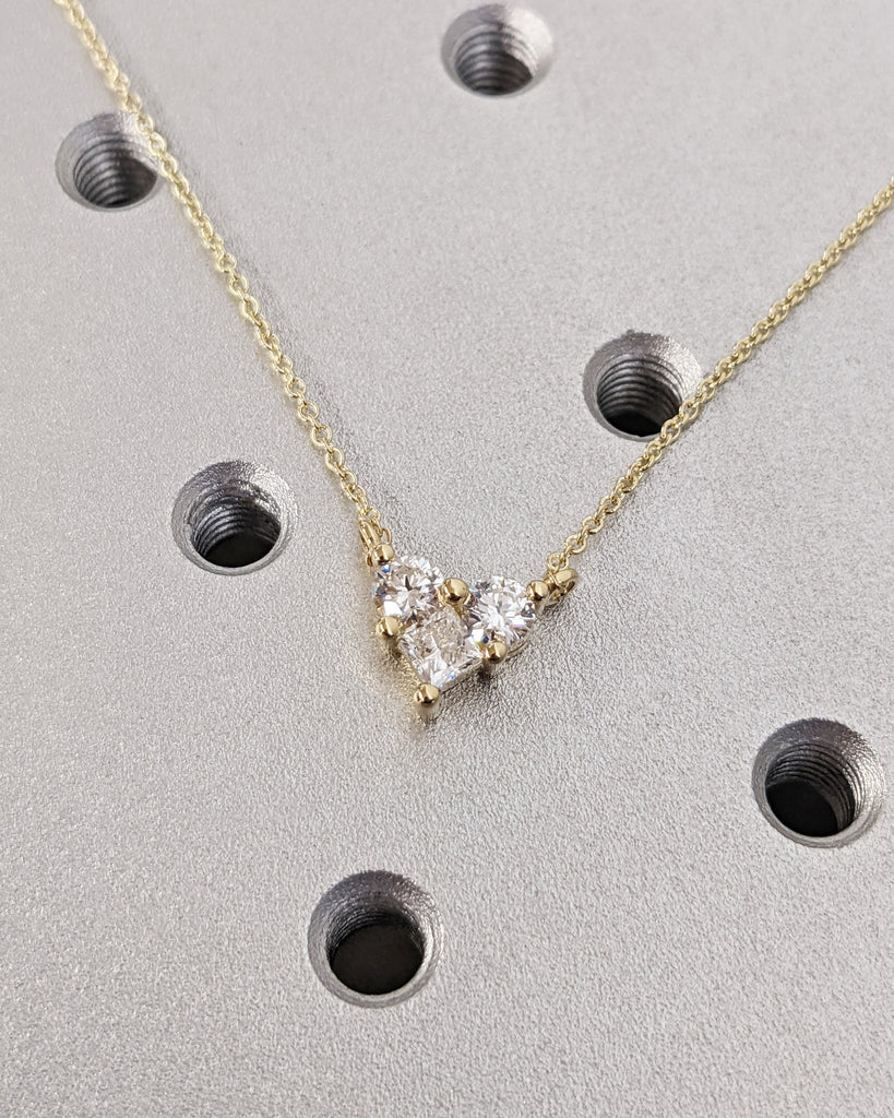 Round, Princess cut Moissanite Cluster 3 Stone Women Necklace | Yellow Gold Trendy Diamond Necklace Jewelry Gift for Wife Girlfriend Sister