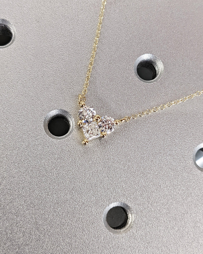 Round, Princess cut Moissanite Cluster 3 Stone Women Necklace | Yellow Gold Trendy Diamond Necklace Jewelry Gift for Wife Girlfriend Sister