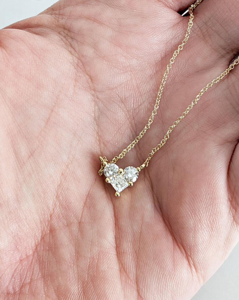 Mini Love Heart Necklace | Lab Diamond Necklace Pendant | Dainty Gold Necklace | Small Multi Stone Princess Cut Round Cluster | Gift For Her