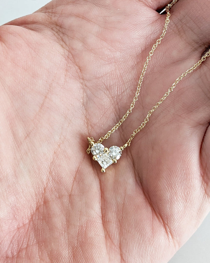 Moissanite Heart Pendant Necklace, 14K Gold Necklace Chain Link, Multi Stone Princess Cut Round Moissanite Cluster, Gift Necklace For Women