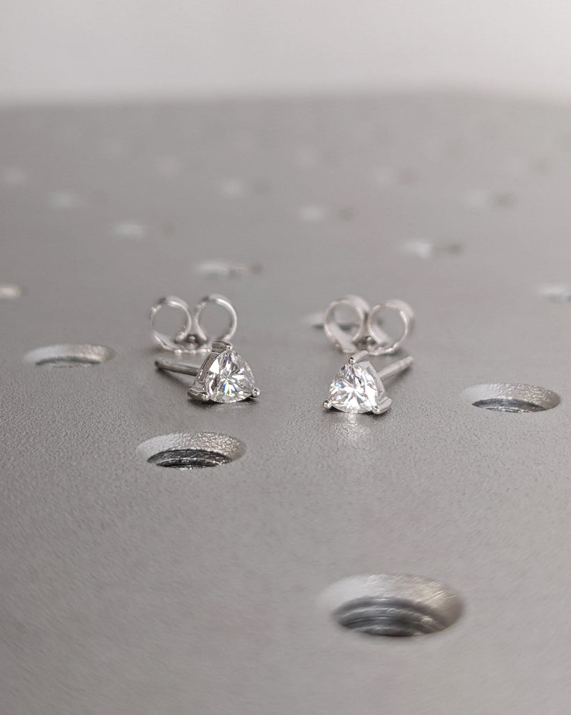 Trillion Diamond Stud Earrings / Half Pair or Set / White Diamond Prong Set Studs / Tiny Lightweight Earrings / Minimalist Everyday Earrings