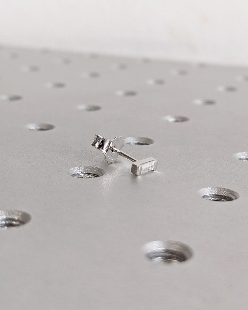 Solid White Gold Lab Created Diamond Single Screw Back Earring | Mini Baguette Crystal Everyday Stud Women Earrings | Unique Bridal Jewelry