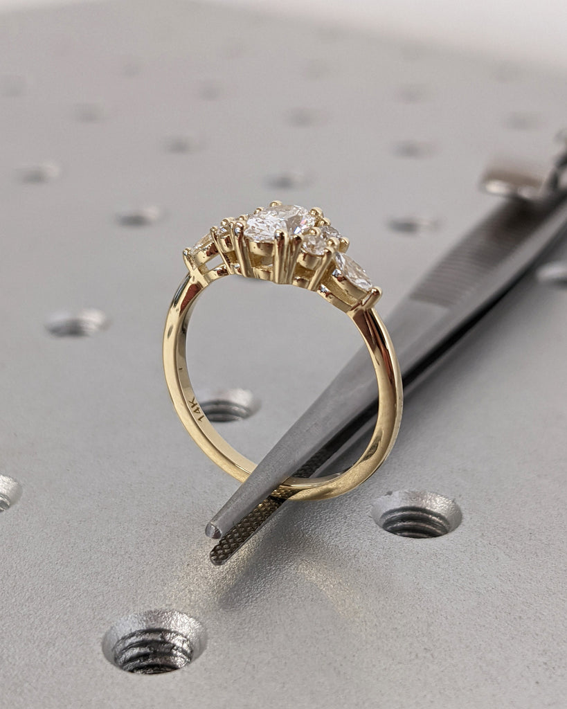 Lab Diamond Oval Engagement Ring, Oval Lab Diamond and Multi-Stone Wedding Ring, Real Gold Lab Diamond Ring, Cluster Ring, Anniversary Gift