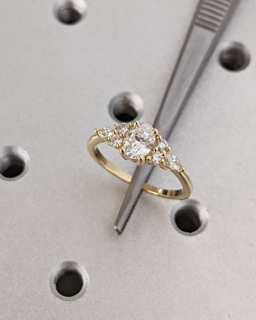 Multi-Stone Engagement Ring, Cluster Moissanite Engagement Ring, Oval Moissanite Ring, Oval Cut Cluster Engagement Ring in 14K Yellow Gold