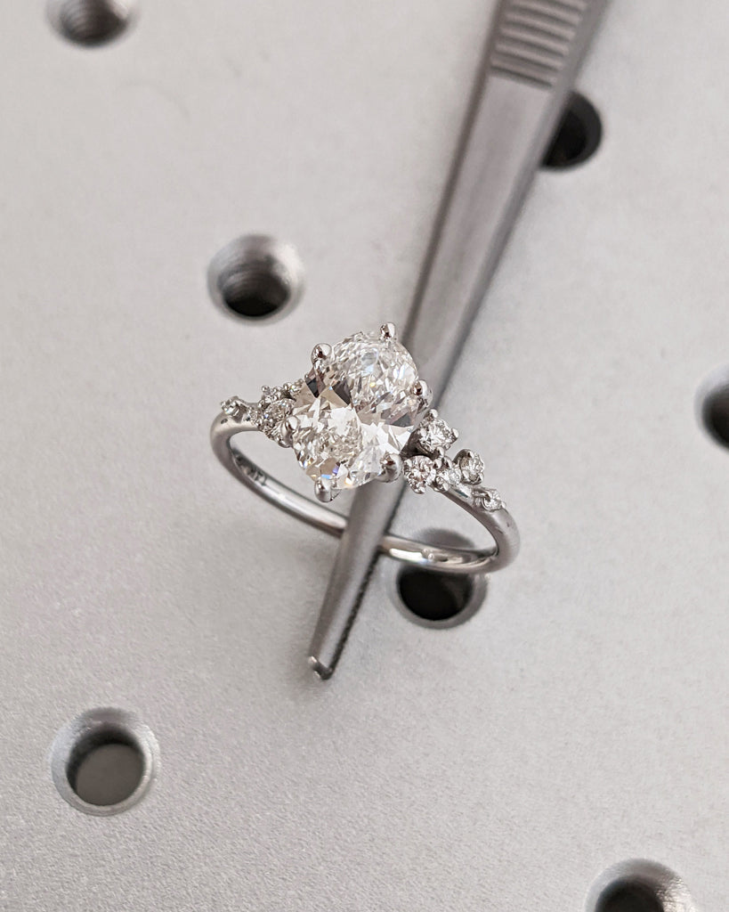 Oval Cut Lab Diamond Ring Vintage Diamond Engagement Ring White Gold Unique Snowdrift 6 Prongs Engagement Ring Diamond Wedding Art Deco Ring