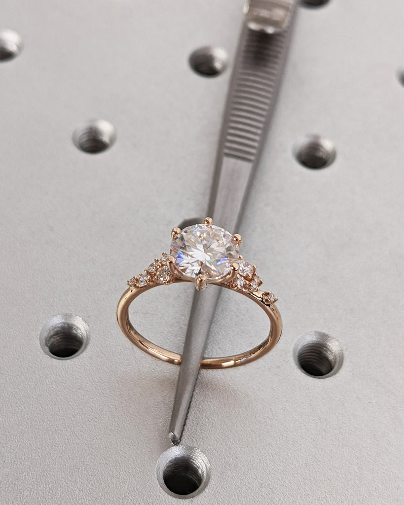 Round Cut Moissanite Ring Vintage Moissanite Engagement Ring Solid Gold Unique Snowdrift 6 Prongs Engagement Ring Diamond Clusters Art Deco