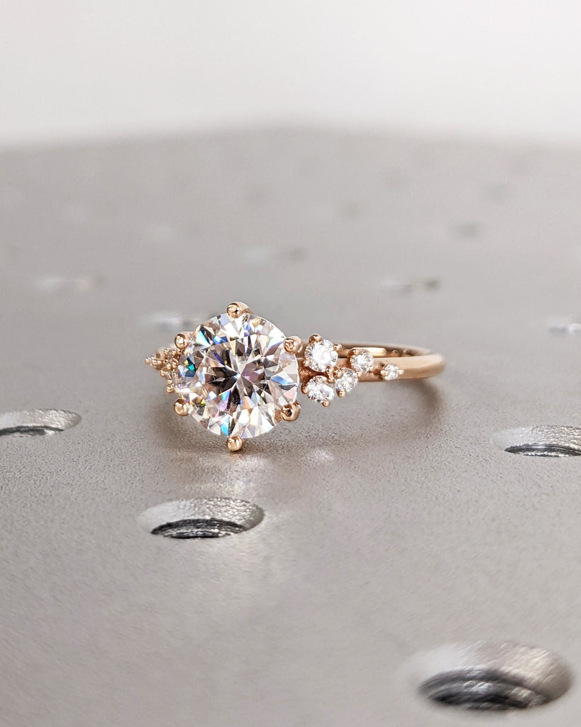 Round Cut Moissanite Ring Vintage Moissanite Engagement Ring Solid Gold Unique Snowdrift 6 Prongs Engagement Ring Diamond Clusters Art Deco