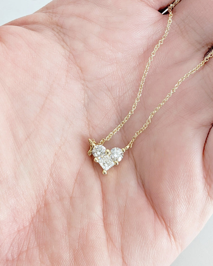 Round, Princess cut Moissanite Cluster 3 Stone Women Necklace | 14K 18K Yellow Gold Trendy Cable Chain Necklace Diamond Jewelry Gift for Her